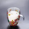 Bicchieri da vino Ripieni Fiori secchi Tazza in vetro a doppia parete con manico Tazze da tè resistenti al calore Tazza da latte espresso Regalo di Natale creativo