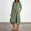 Casual klänningar 2024 Kvinnor Fashion Solid Color Long Dress Kvinna O-hals Half Sleeve Maxi Summer Fickets Loose Clothing