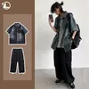 Erkek Trailtsits Mens Summer Street seti renk bloğu yıkanmış yarım kollu denim gömlek Japonca Drawstring kargo pantolon 2 parçalı moda gündelik