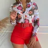 1 ensemble femmes Blouse Shorts costume Floral printemps été imprimé couleur Pure bureau dames chemise 240319