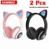 Kulaklıklar 1/2 PCS Kablosuz Kulaklık Bluetooth Müzik Kulaklık Gradyan Renk LED Yanıp Sönen Hafif Kedi Kulak Oyuncu Kulaklık Mikro Kids Hediyeleri