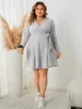 Plus Size Knitted Striped Women Dresses Long Sleeves V Neck Solid Robe Waist Belt Fall Sprig Dress Casual Oversized Female Cloth 240328