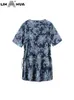 lih HUA Blouse Plus Size Denim Shirt Summer Casual Short Sleeve Belt Fi Print Woven Shirt d44N#