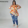 waterarea Plus Size Women Leaf Printed One Shoulder One Sleeve Skew Neck with Ses Irregular T-shirt 2023 E0Xm#