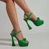 SURET Buty Bow Green Obcasy 14 cm Designer Square palca pu skórzane sandały kobiety 2024 Lady Party Platforma High Summer Office