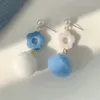 Dangle Earrings Pom Ball Drop for Women 2024 Sweet Winter Blue Fashion Modelry Flower