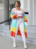 onelink Rainbow Strip Color Lg Sleeve Plus Size Women's Open Cardigan Knee Length Sweater Jacket Oversize Clothing Winter 2022 e7H7#