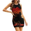 Casual Dresses Autumn Moon Square Neck Dress Sweet Summer Women Elegant Halter Print Tree Fall Leaves