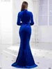 Basic Casual Dresses Long Slve High O Neck Sparkle Sequin Prom Dress Floor Length Split Stretch Velvet Evening Night Party Gown Blue Red T240330