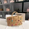 Totes Summer straw womens handmade bag large capacity bucket bag crystal sparkling rhinestone handbag womens holiday beach bag H240330