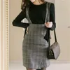 Skirts Plaid Suspender Skirt High Waist Front Slit Long Pencil Women's Casual Fashion Ol