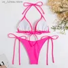 Women's Swimwear Sexy Women Thong Solid Color Bikini Set Side Halter Tie Swimsuit Ladies Split Strap Adjustable Brazilian Swimwear Beachwear T240330