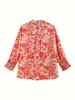 women's Casual Blouse, Plus Size Floral Print Butt Up Lantern Sleeve Turn Down Collar Blouse F7LW#