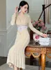 Urban Sexy Dresses French Elegant Prom Woman Noble Chic Lace Pearl Flower Tassel Folds Wrap Hip Fishtail Robe Female Party Banquet Vestidos yq240330