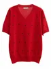 Pull tricoté d'été de grande taille pour femmes, vêtements décontractés, hauts de tempérament chic, manches courtes, broderie de soie glacée, pull h46u #