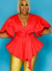 plus Size Tops 4XL Short Lantern Sleeve Sexy V Neck Black Red Peplum Blouses Blue Shirts for Ladies 2023 Summer Fi New e4xu#