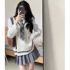 Spring Autumn V-ringning stickad Vest 4-stycken Set Girls Korean Preppy Style Loose White Shirt slips Hög midja veckad kjol grå kostym l51n#