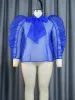 women See Through Blouse Puff Sleeve Tops Sexy Blue Transparent Loose Casual Evening Night Club Party Shirt Blouse 4XL Plus Size i3YR#