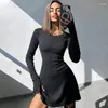 Vestidos casuais mulheres elegante malha preta mini vestido streetwear chique sexy sem costas manga completa 90s vintage y2k roupas