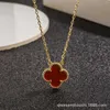 Designer Brand Van Four Leaf Grass Necklace Womens Single Flower Double sided Pendant Red Agate Thick Plated Mesh Collar Chain