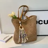 Drawstring Women Straw Tote Handbag Zipper Closure Crochet Beach Solid Color Weaving Travel Ladies Summer Daily Bag