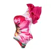 Damen-Bademode 2024, plissierter Single-Shoulder-Badeanzug mit Blumendruck, integrierter Badeanzug und eng anliegendes Badeanzug-Set für Damen-Strandbekleidung, Luxus-Badeanzug-Bikini J240330