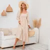 Casual Flare Sleeve Chiffon Dress Womens Clothing Spring Square Collar Tryckt Bekväm blommig kjol