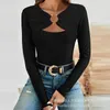 T-shirts Femmes Dentelle Creux Out Manches longues Tops Femmes Solide Sexy Slim Fit Régulier Gaine Splice Élégant Automne 2024 Dames Tees