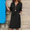 Grundläggande avslappnade klänningar Jocoo Jol Shirt Dress Women Turn-Down Collar Sashes Kn-Length Dress Casual PSrty Dress Overized Loose Dress Vestidos Robe T240330