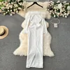 Casual Dresses Foamlina Elegant White Beading Evening Party Dress For Women Sexy Faux Fur Spliced Off Shoulder Long Sleeve Black Bodycon