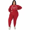 Meren Verado Plus Size Women Casual Letter Print Bluza z kapturem i spodnie dresowe Fitn Jogger pasujący do dwóch elementów zestawów U7K9#