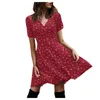 Lässiges, elegantes Damen-Kleid mit V-Ausschnitt, kurzen Ärmeln, Blumenmuster, Vintage-Kleid, schmale Passform, großer Swing