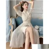 Basic Casual Dresses Summer Womens Chiffion Button Blazer Dress Office Causal Lady Fashion Y See Through Sleeve Drop Delivery Apparel Otmj5