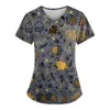 T-shirts pour femmes Uniforme Tops à la mode Halloween Chemisier de poche Col en V À manches courtes Gommages Costume Accessoires Femmes Vêtements d'impression