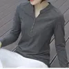 Camicetta primavera estate manica lunga scollo a V maglietta da donna camicia di cotone colletto alla coreana grande donna solido moda casual top 240315