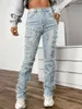 Women's Jeans American Design Women Stacked High Street Stretch Long Patched Pants Straight Fit Female Denim Outwear