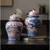 Lagringsflaskor kinesisk stil blå vit porslin burkar hem tätade te caddy skrivbordsdekoration praktisk behållare