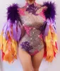 Dropship Nightclub Bar Party Outfit Performance Dance Costume Colorful Feather Sleeve Rhineste Bodysuit P58Z#