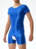 Uomo sexy con apertura sul cavallo Body manica corta Olio lucido lucido Collant alto elastico Abbigliamento uomo Shapers Body esotico 240327