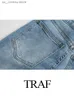 Kvinnors jeans traf mode kvinnor elegant casual ficka hög strt blå hög midja elegant lång byxa kvinnlig blixtlås knapp dekorera smal jean t240330