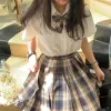 Mini chica Sexy traje japonés escolar a cuadros A-line uniformes altos cintura plisada uniforme de marinero w022 #