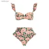 Kobieta lekka spódnica w bikini w stylu Bikini Set z marszczyzną rękawem Bandeau Bra High Taist Swim Floral Print Plaży Cover-Up YQ240330