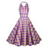 Casual Dresses Women's Elegant Retro Rockabilly Vintage Swing Dress 1950 -talet Style Plaid Halter Neck Sleeveless Backless For Parties