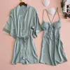 Home Clothing Women 2PCS Sleepwear Satin Robe Set Lace Patchwork Sleep Female V-neck Kimono Gown Silky Nighty&Robe Wear