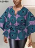 Plus size 5xl vonda feminino túnica topos 2023 fi 3/4 manga casual impresso boêmio blusa com decote em v solto com cinto camisas de festa 90ns #