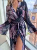 Sexig uppsättning Summer Autumn Floral Print Womens Bathrobe Print Belted Bridesmaid Robe Open Side Long Night Gown Mesh Nightie Y240329