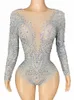 Födelsedagsdräkt Rhinestes LG Sleeve Mesh Transparent Bodysuit Sexig Dance Costume Club Leotard Stage Wear U0J7#