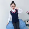 Kinder Schuluniform Autmun Winter V-ausschnitt Pullover Jungen Mädchen Chor Klasse Tragen 100% Cott Warme Koreanische Britischen Stil Weste 16Jr #