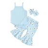 의류 세트 3pcs Born Baby Girls Solid Sleeveless Sling Romper Floral Print 플레어 바지 머리띠 여름 의류 세트