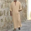 Ethnic Clothing Men's Muslim Robe V-neck Casual Pockets Loose Long Sleeve Vintage Arab Islamic Dress Male Abaya